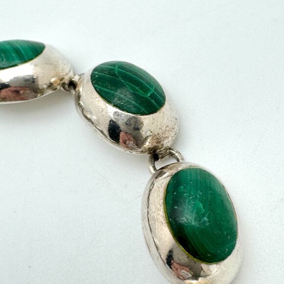 Vtg Mexico 925 Sterling Silver Malachite Bracelet 7.5 Oval Links Toggle Clasp - Picture 5 of 13